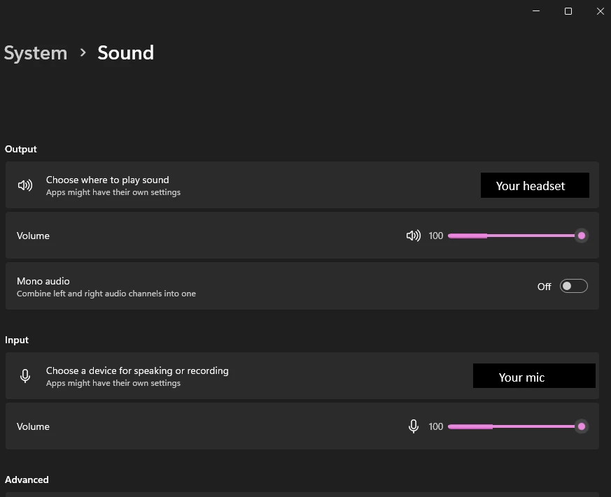 Windows 11 System > Sound settings: Output set to Your headset, Input set to Your mic