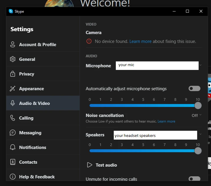 Call machine audio settings with microphone and speakers selected