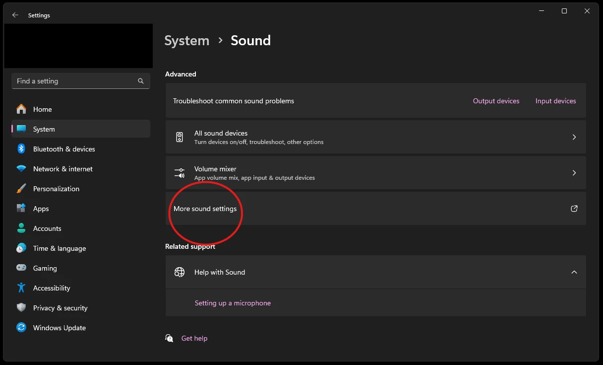 Windows 11 Sound settings with More sound settings highlighted