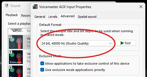 Advanced tab Default Format set to 24 bit, 48000 Hz