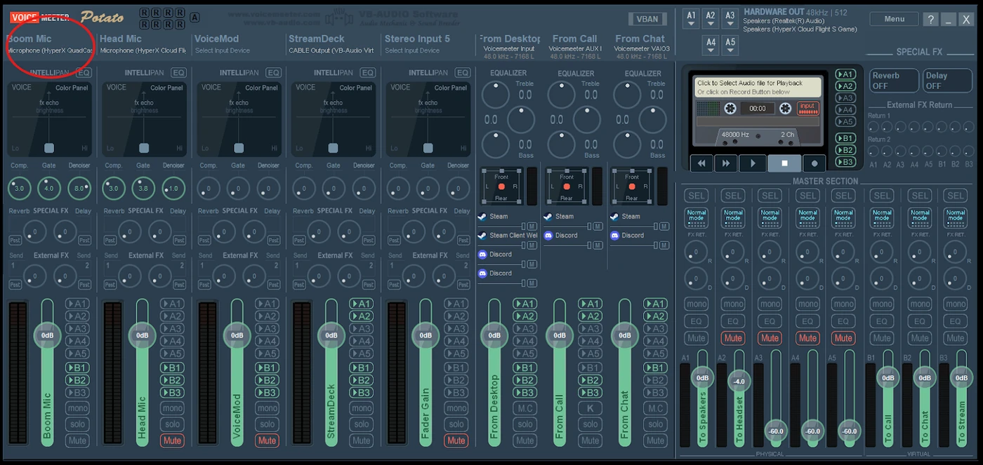 Voicemeeter Potato with the first input label circled in red