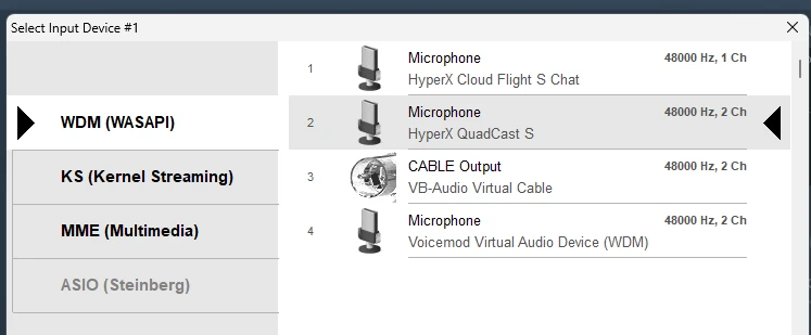 Input device list for the first Voicemeeter input