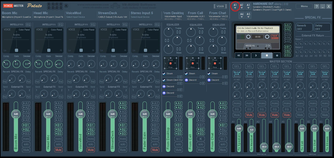Voicemeeter Potato with the A1 output selector highlighted