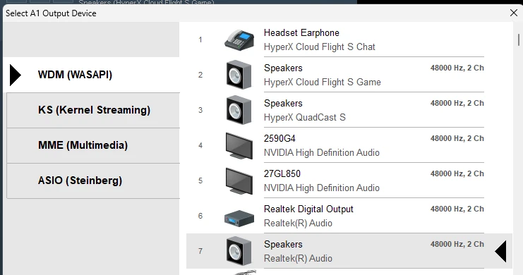 Output device list with computer speakers selected for A1