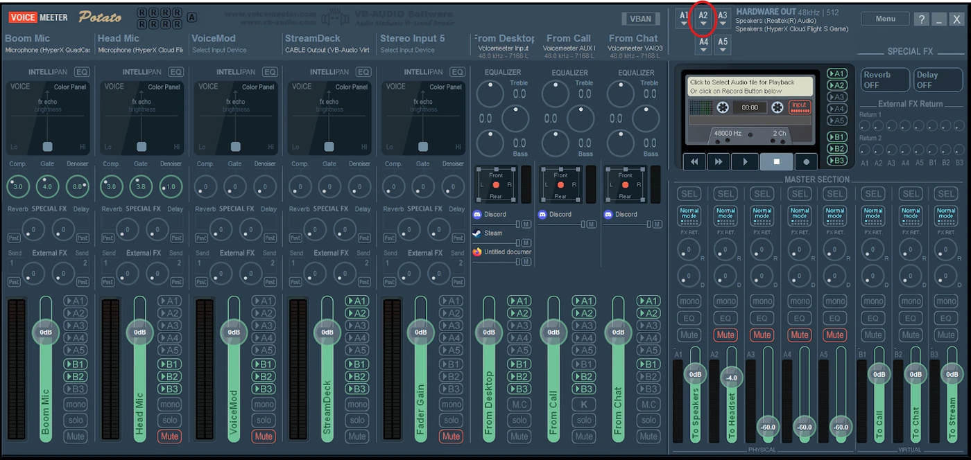 Voicemeeter Potato with the A2 output selector highlighted