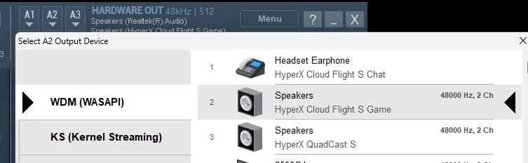 Output device list with headset selected for A2