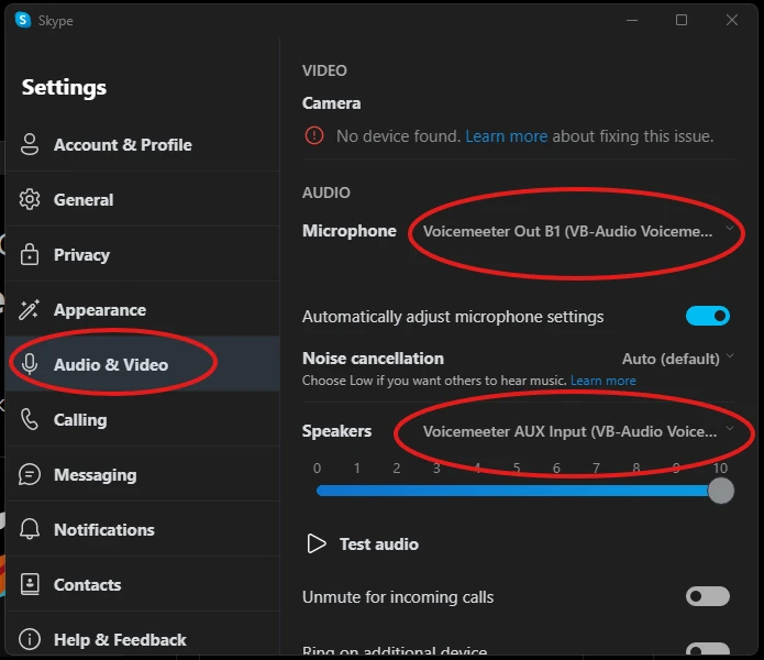 Skype audio settings: microphone Voicemeeter Out B1, speakers Voicemeeter Aux Input