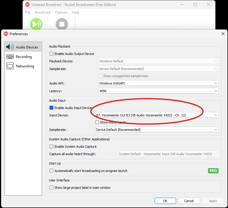 Rocket Broadcaster input set to Voicemeeter Out B3