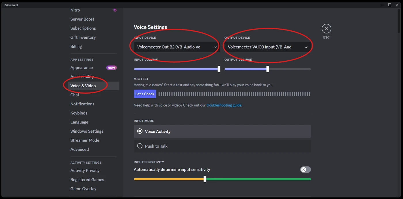 Discord voice settings: input Voicemeeter Out B2, output Voicemeeter VAIO3 Input