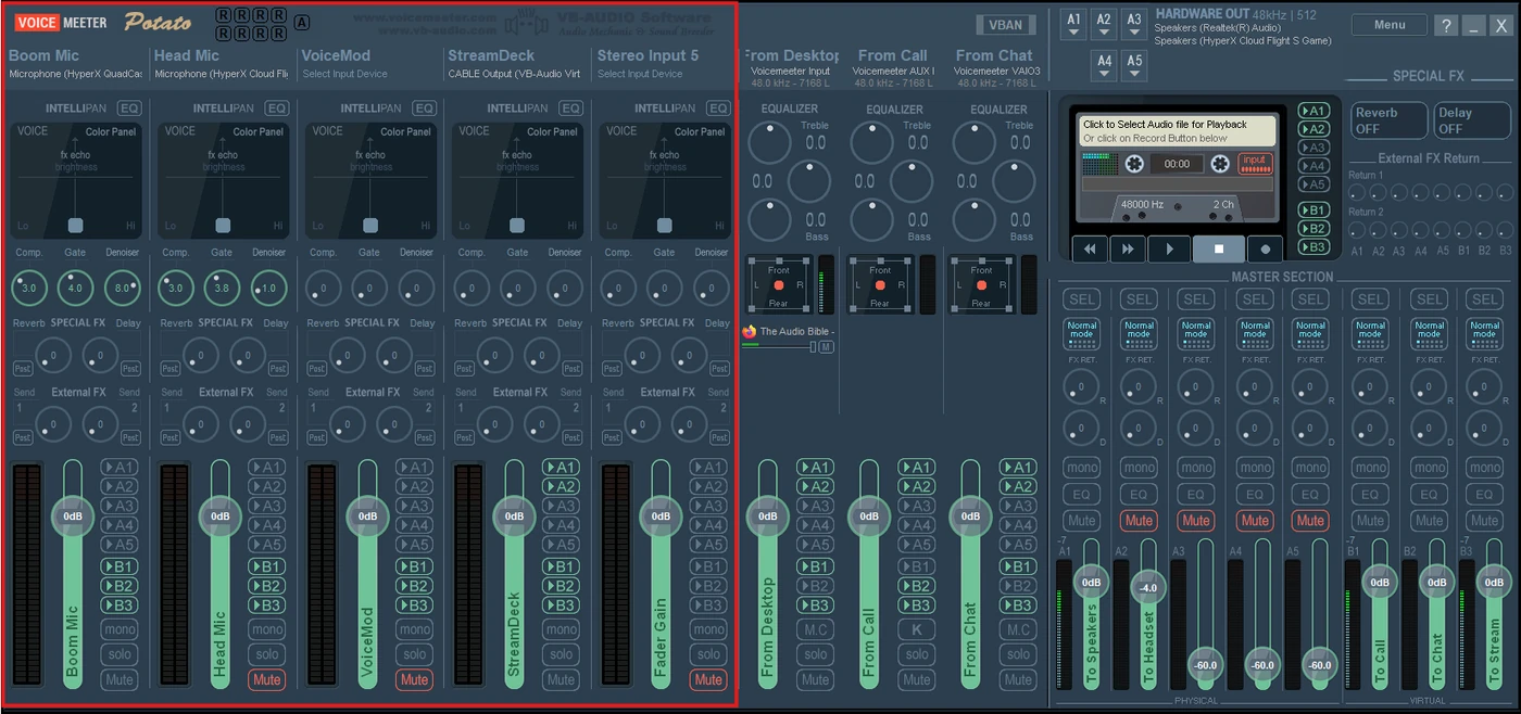 Voicemeeter Potato with the 5 physical inputs highlighted