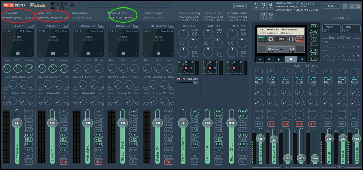 Voicemeeter with two microphone inputs circled in red and a virtual cable input circled in green