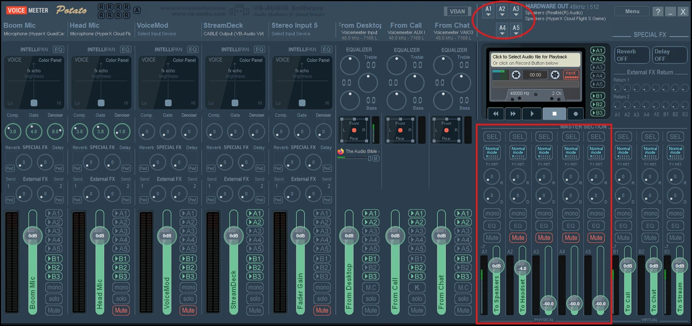 Voicemeeter with the 5 physical outputs highlighted