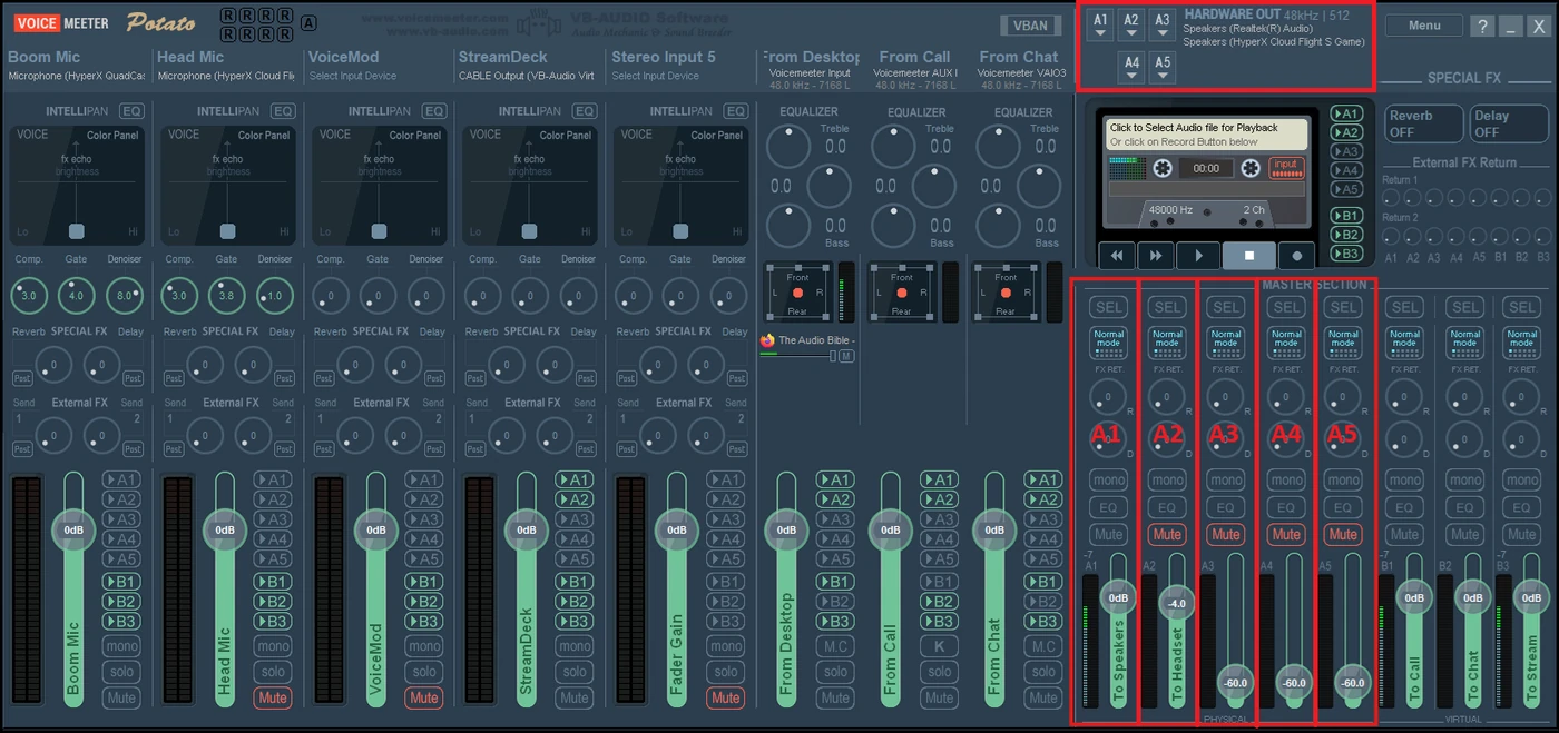 Voicemeeter A1 to A5 outputs matched to the selectors at the top