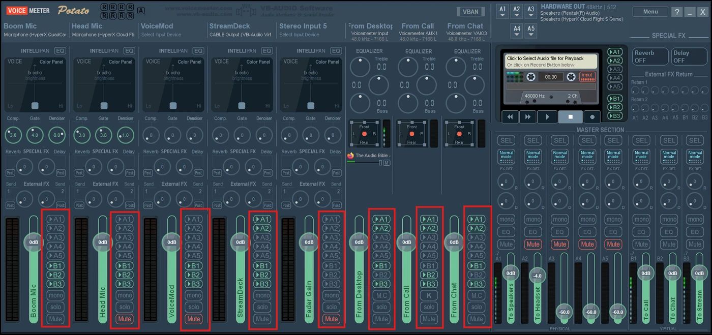 Voicemeeter input strips with their A1-A5 and B1-B3 buttons