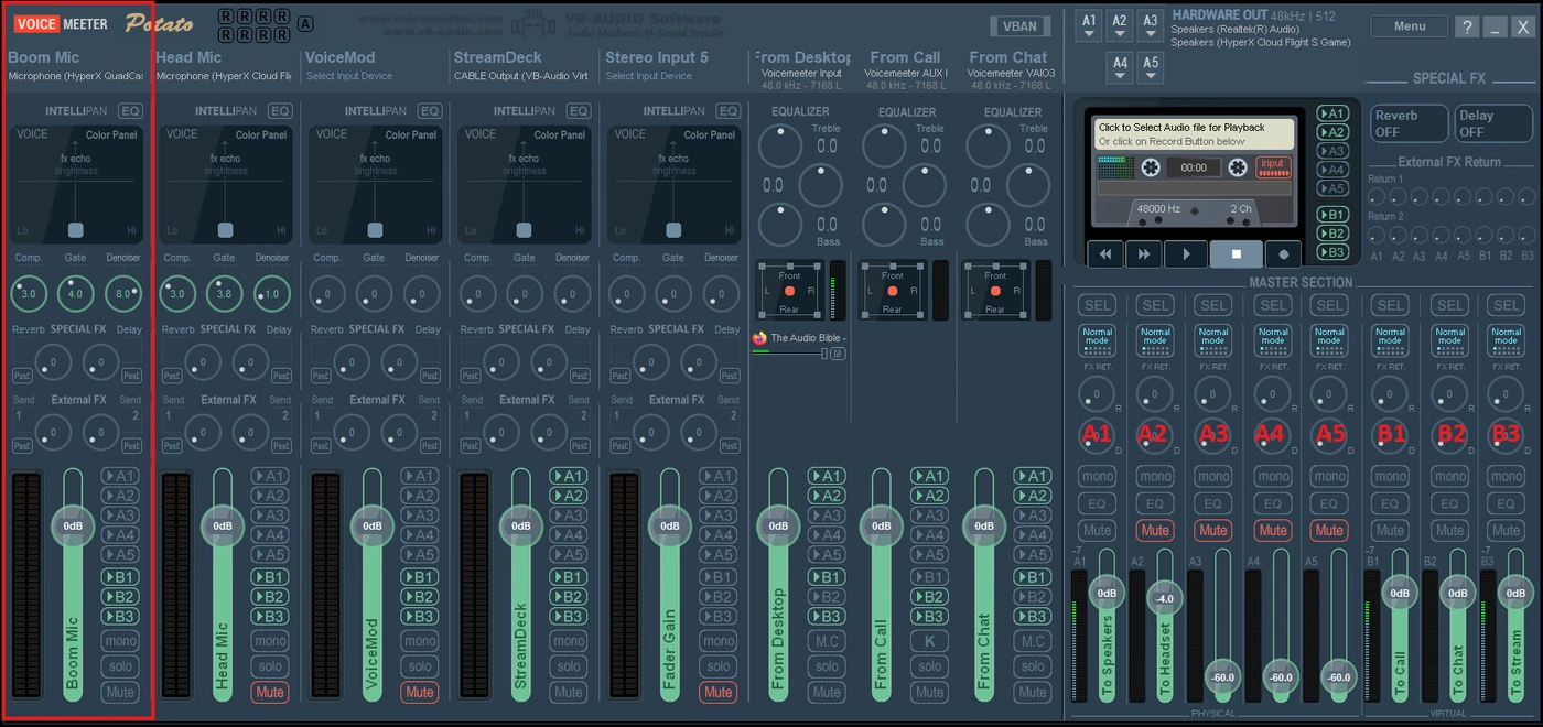 Boom Mic input with B1, B2 and B3 selected and no A channels
