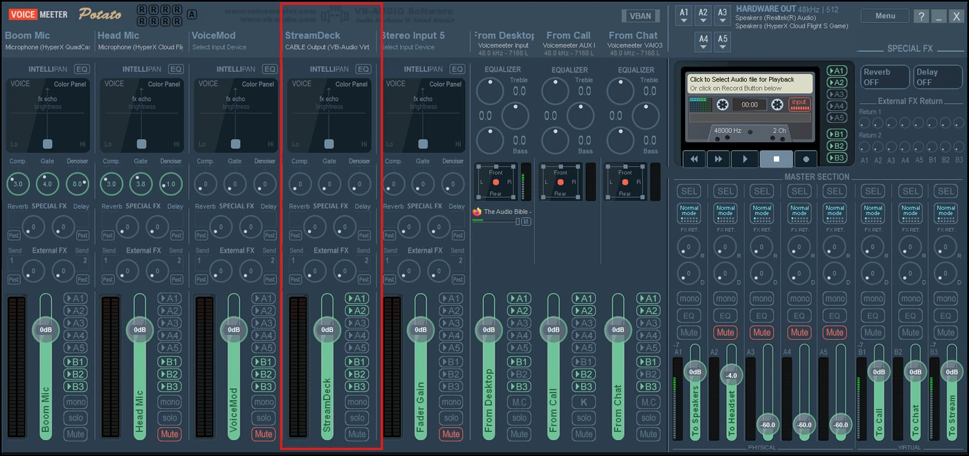 Voicemeeter with the 4th physical input set to a virtual cable