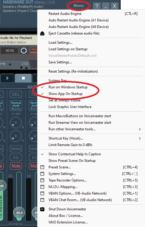 Voicemeeter Menu with the startup options selected