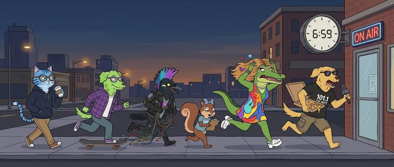 The Zoo Crew running late to the station at 6:59